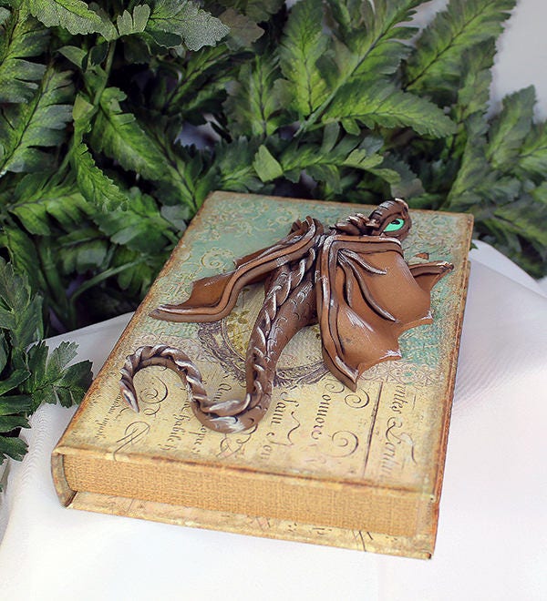 Polymer Clay Brown and Silver Dragon on Book - 1-074