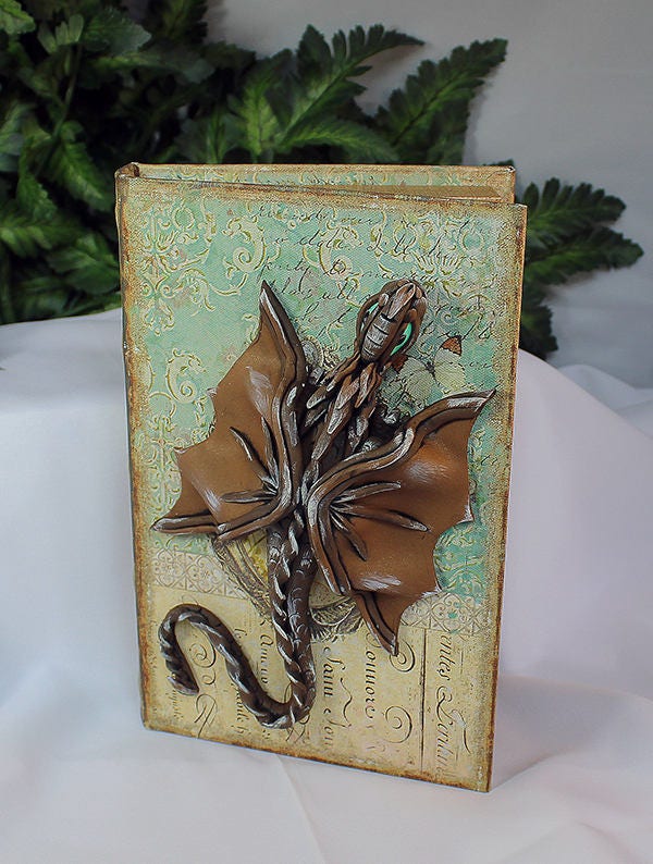 Polymer Clay Brown and Silver Dragon on Book - 1-074