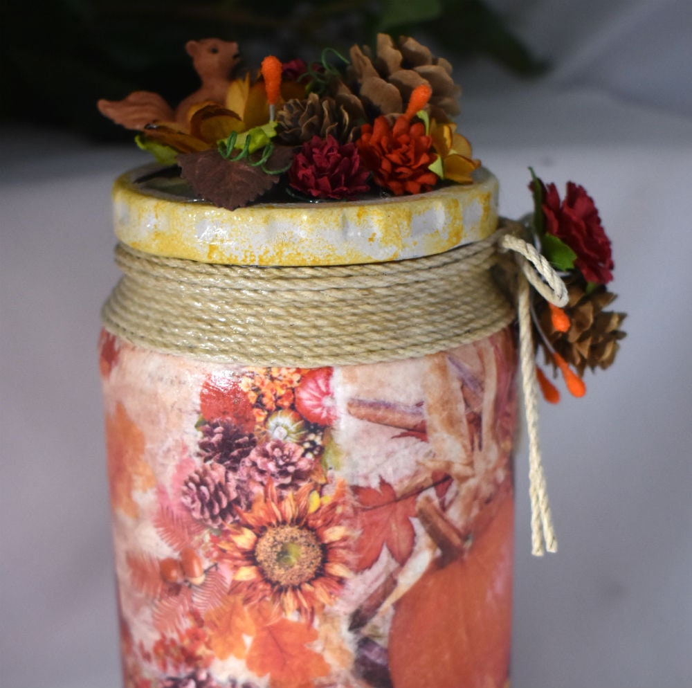 Autumn Decoupage Mixed Media Glass Jar - 7-063