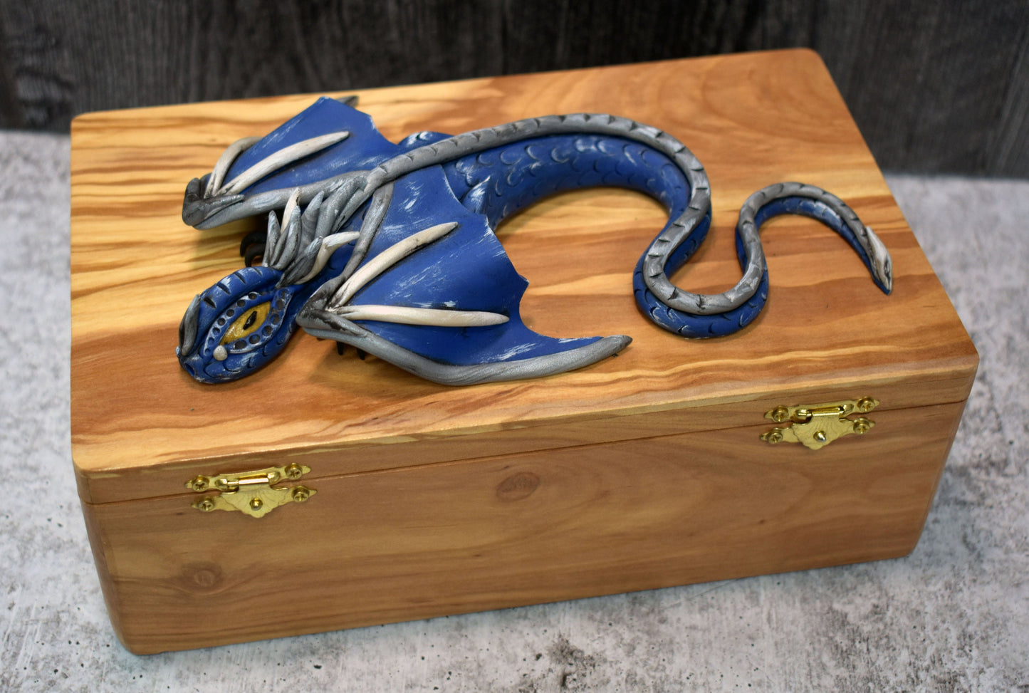 Polymer Clay Blue Dragon on Apple Wood Box - 1-091